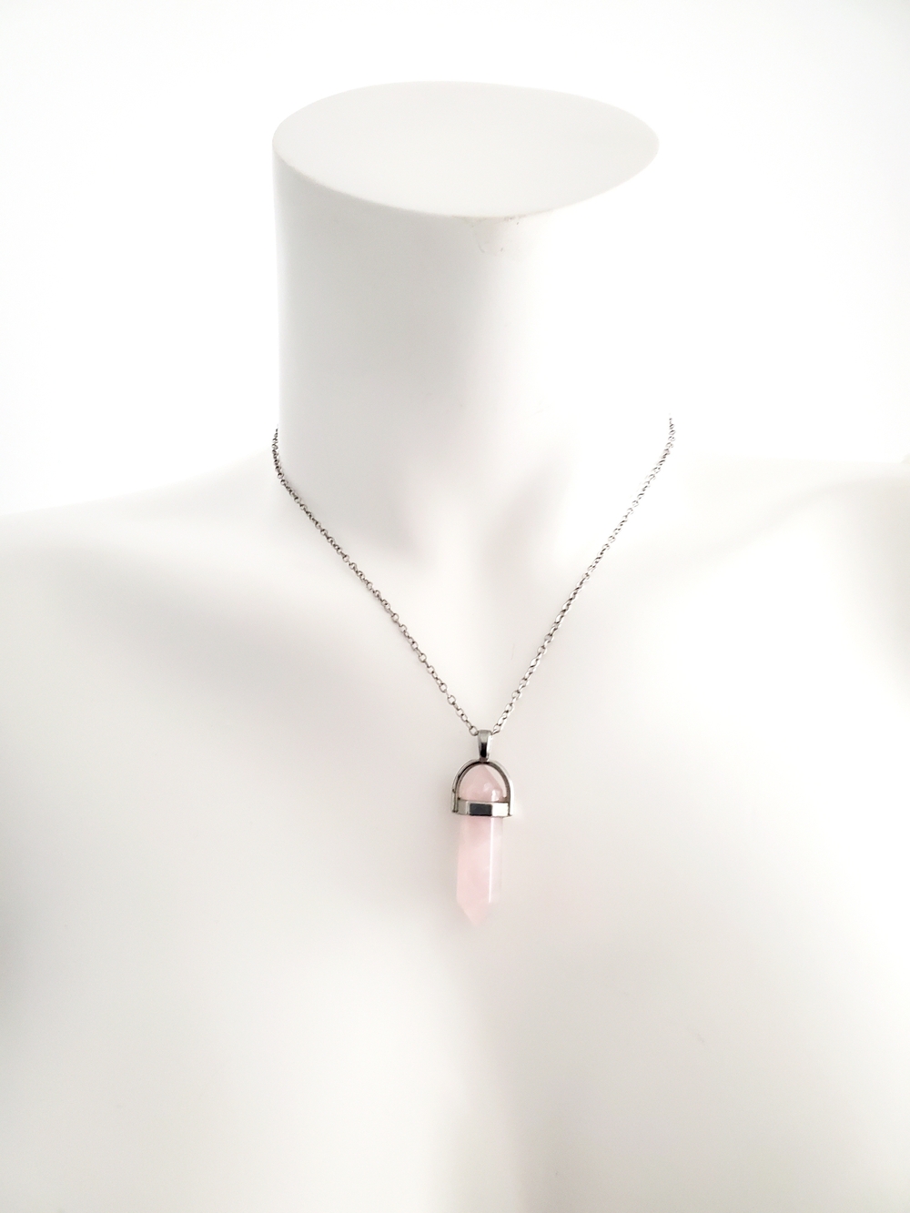 Delicate Pink Rose Quartz Point Pendant Necklace - Silver Tone